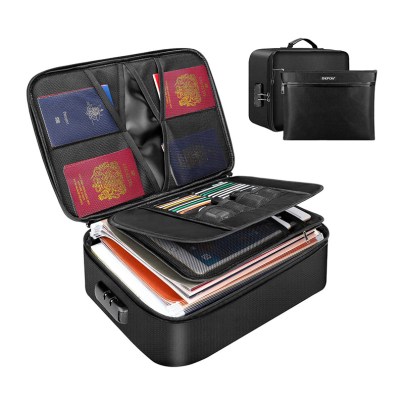 The Engpow Fireproof File Organizer Bag With Lock open and fully loaded with documents as well as closed and locked.