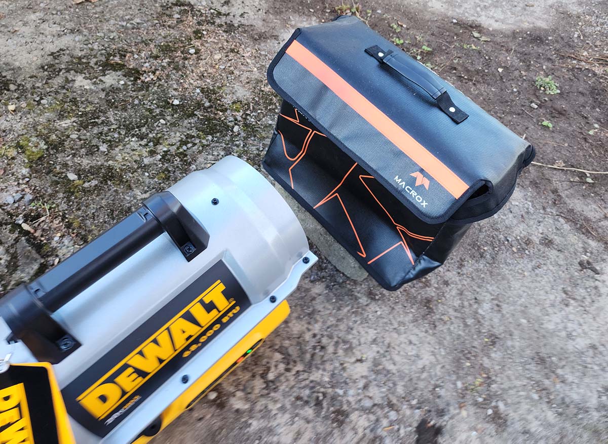 One of the best fireproof document bags outside undergoing testing by being blasted with a DeWalt 68,000-BTU heater.