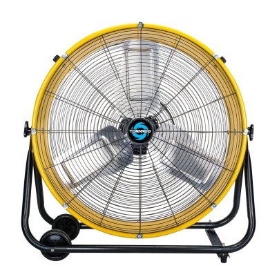 Yellow Tornado 24-inch High-Velocity Metal Tilt Drum Fan on white background