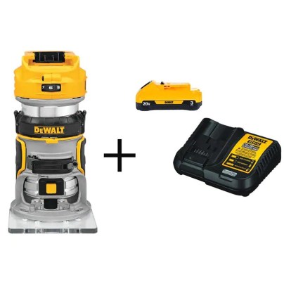 DeWalt 20V Max XR Brushless Cordless Compact Router with charger on a white background