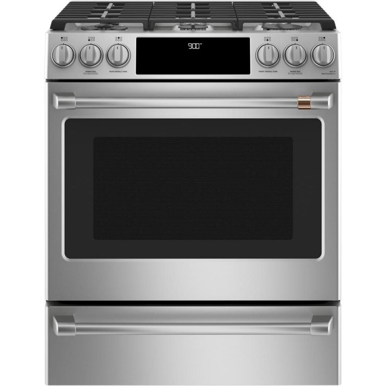  Cafe 30 in. 5.7 cu. ft. Smart Slide-In Dual Fuel on a white background