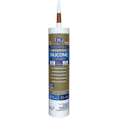  A tube of GE Advanced Silicone 2 Window & Door Sealant on a white background.