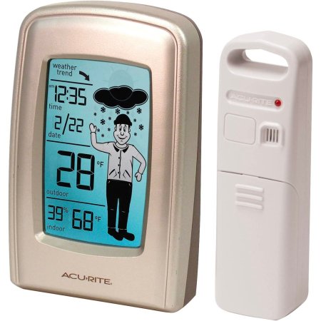  The AcuRite 00827 What-to-Wear Weather Station and its remote sensor on a white background.