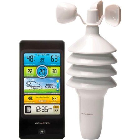  The AcuRite Notos 3-in-1 Home Weather Station and a phone showing the AcuRite app on a white background.