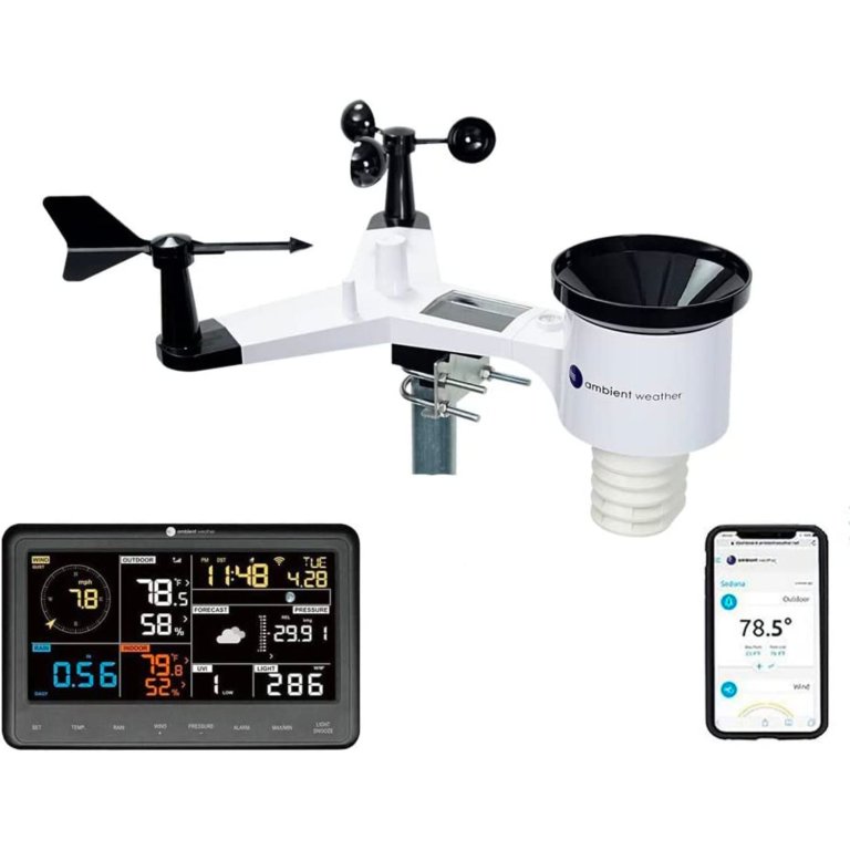  The Ambient Weather WS-2902C WiFi Home Weather Station, indoor console, and a phone showing the Ambient Weather app.