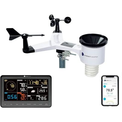 The Ambient Weather WS-2902C WiFi Home Weather Station, indoor console, and a phone showing the Ambient Weather app.