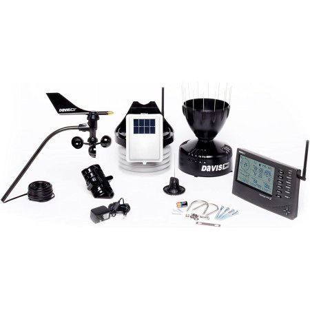  The Davis Instruments 6152 Vantage Pro2 Weather Station and its included parts on a white background.