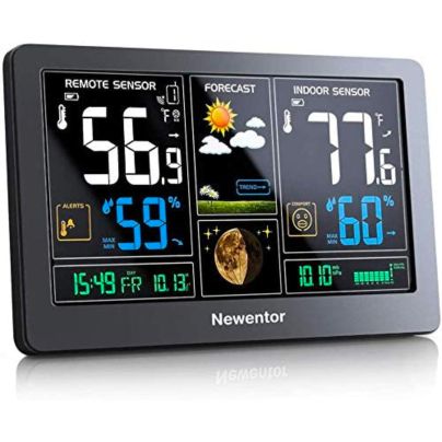 The Newentor Q3 Wireless Atomic 7.5-Inch Weather Station showing data for the remote sensor and indoor sensor.