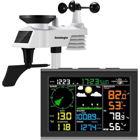  The Sainlogic 8-in-1 Wireless Weather Station and its indoor console on a white background.