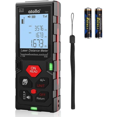  The Atolla Laser Distance Measure next to its carry strap and two AA batteries.