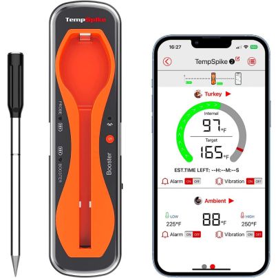 The ThermoPro TempSpike Wireless Meat Thermometer on a white background with its probe and a phone showing the ThermoPro app.