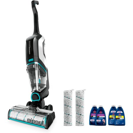  The Bissell CrossWave Cordless Multisurface Wet/Dry Vac, extra filters, and four bottles of cleaning solution on a white background.