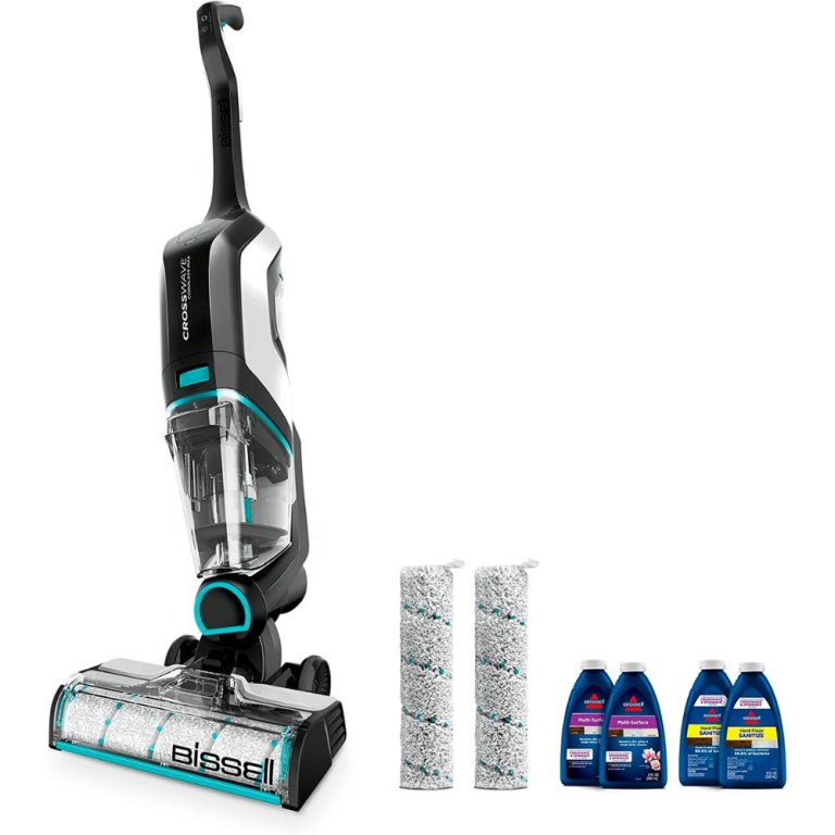  The Bissell CrossWave Cordless Multisurface Wet/Dry Vac, extra filters, and four bottles of cleaning solution on a white background.
