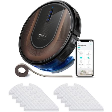  The Eufy RoboVac G30 Hybrid, extra filters, and a phone showing the Eufy app on a white background.