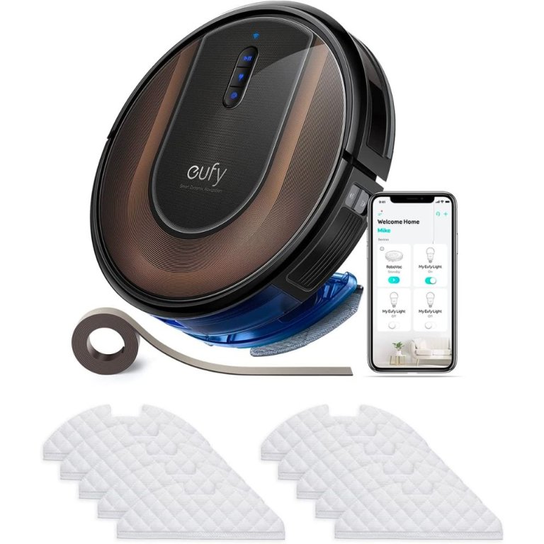  The Eufy RoboVac G30 Hybrid, extra filters, and a phone showing the Eufy app on a white background.