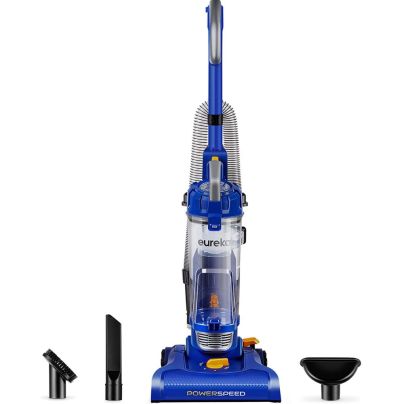 The Eureka NEU182A PowerSpeed Bagless Upright Vacuum and its accessories on a white background.