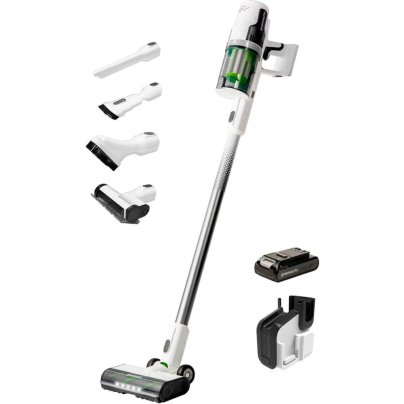 The Greenworks 24V Cordless Stick Vacuum, accessories, battery, and wall mount on a white background.