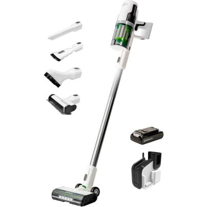 The Greenworks 24V Cordless Stick Vacuum, accessories, battery, and wall mount on a white background.