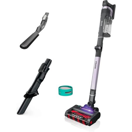  The Shark Stratos Cordless Vacuum with Clean Sense IQ and its accessories on a white background.