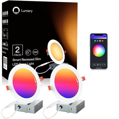 2 Lumary LED Ultra-Thin Recessed lights next to a smartphone on a white background