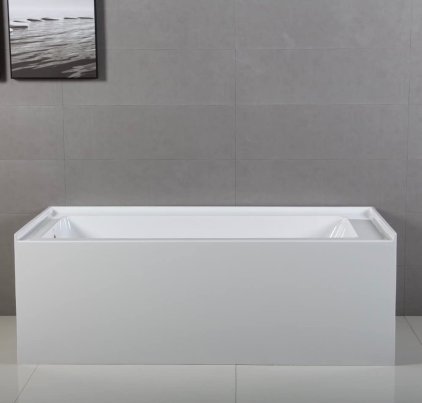 Kingston Brass Aqua Eden 60-Inch Alcove Bathtub against a gray tile wall