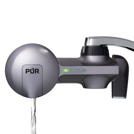  Pur round metallic gray Faucet Water Filtration System on white background