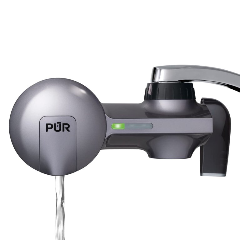  Pur round metallic gray Faucet Water Filtration System on white background