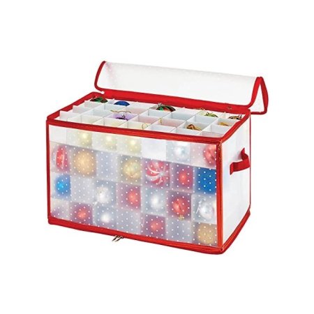  The Simplify Ornament Storage Organizer on a white background with its cover rolled back to reveal many stored ornaments.