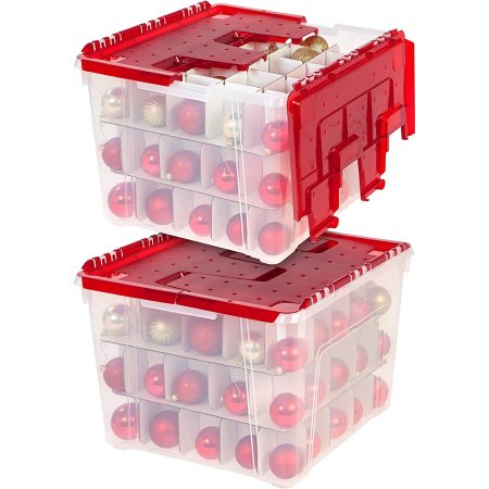  Two of the Iris USA Holiday Ornament Wing-Lid Storage Box on a white background and full of red and gold ornaments.