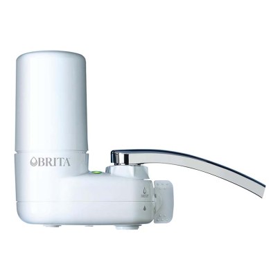 Brita Basic white Faucet Water Filter System attached to chrome faucet on white background