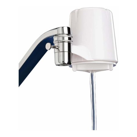  Culligan white Faucet Mount Filter attached to chrome faucet on white background