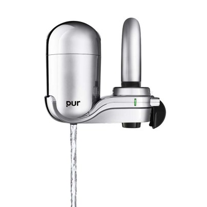 Pur egg-shaped chrome Faucet Water Filter on white background