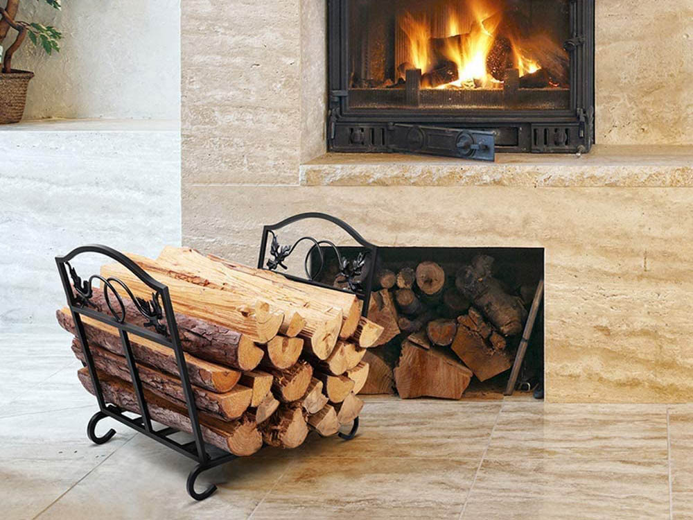 The best firewood rack option next to a modern wood-burning fireplace insert in a sleek and polished surround