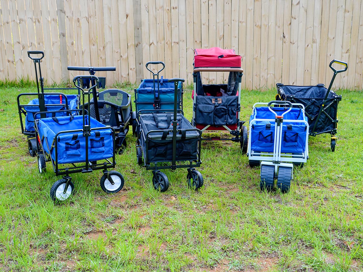 A group of the best folding wagon options together in a yard
