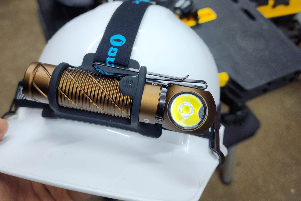 Tight shot of the best hard hat light options in use on a hard hat