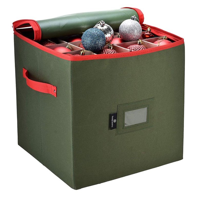  The Handy Laundry Christmas Ornament Storage on a white background with its cover partially open to reveal stored ornaments.