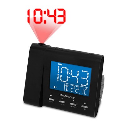 The Magnasonic Projection Alarm Clock Radio on a white background and projecting 10:43 into the air above.