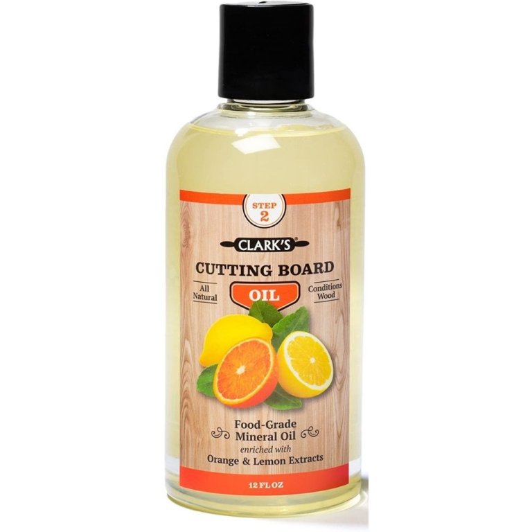  A bottle of Clark's Cutting Board Oil on a white background.