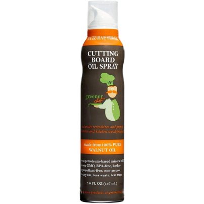 A can of Greener Chef Walnut Board Oil Spray on a white background.
