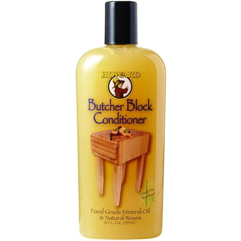  A bottle of Howard Products Butcher Block Conditioner on a white background.