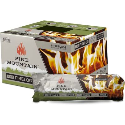 A box of the Pine Mountain 4-Hour Fire Log and an individual wrapped log on a white background.