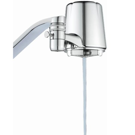  Culligan chrome Faucet Mount Filter attached to chrome faucet on white background