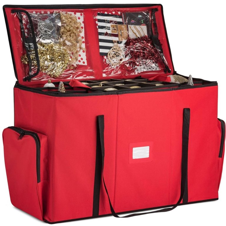  The Zober Rigid 2-in-1 Christmas Ornament Storage Box on a white background and open to reveal a variety of stored decorations.