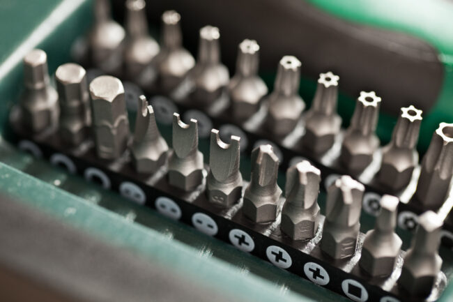 Close up of a screwdriver drill bit set