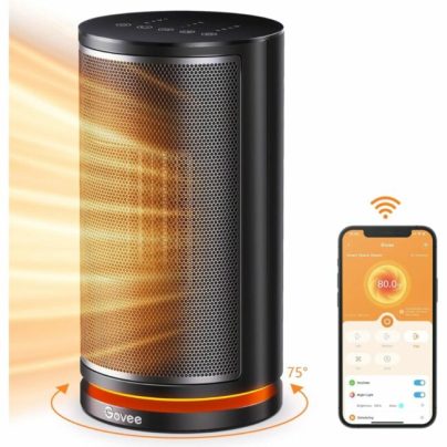 The Govee Smart Portable Electric Space Heater next to a phone with the Govee app.