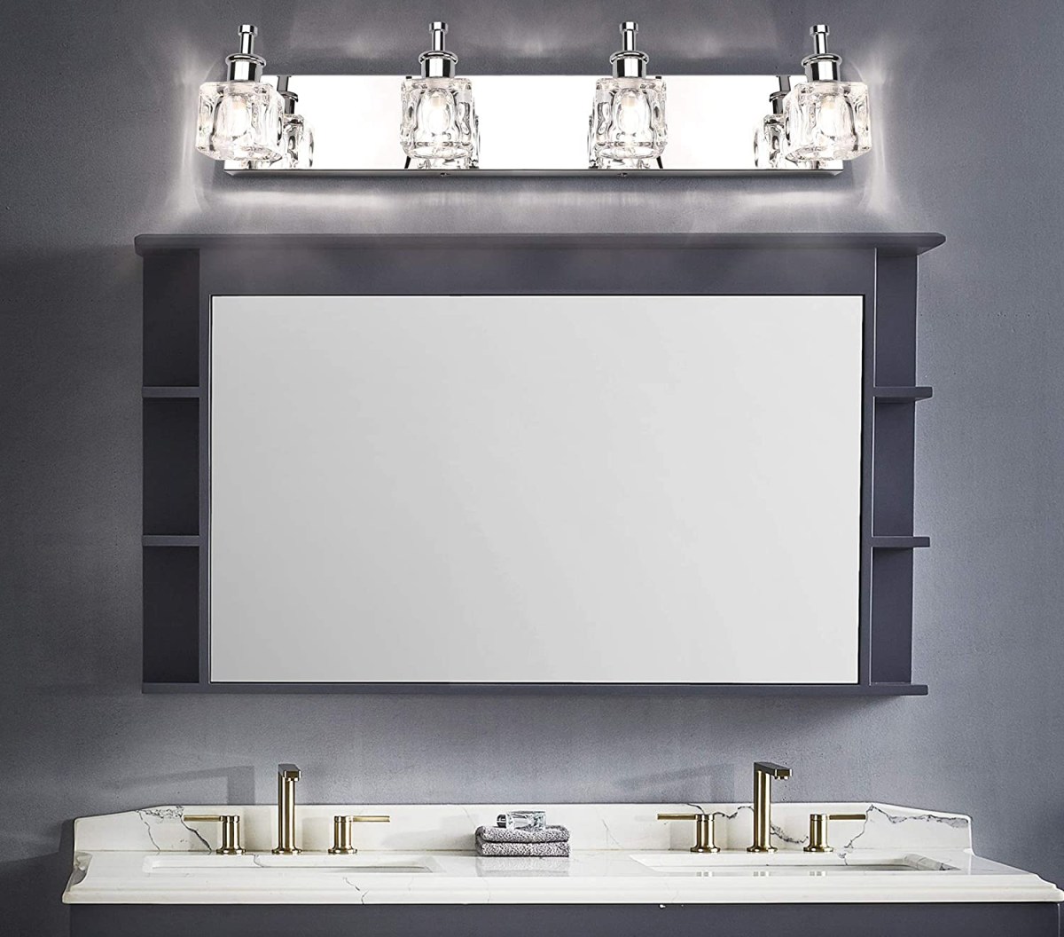The best vanity light installed over a mirror and double-sink vanity.