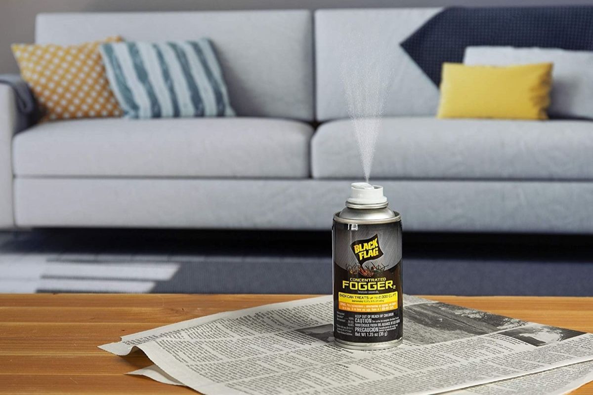 A can of Black Flag concentrated fogger sitting on a piece of newspaper on a coffee table and emitting fog in living room.