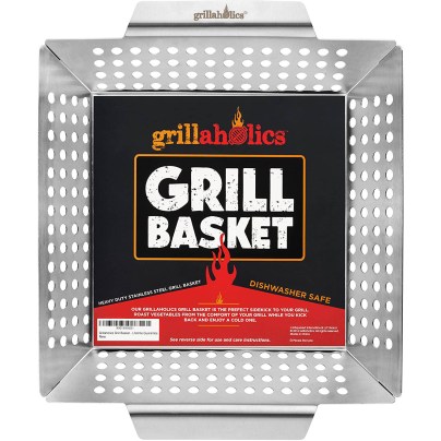 The Grillaholics Heavy-Duty Stainless Steel Grill Basket on a white background.