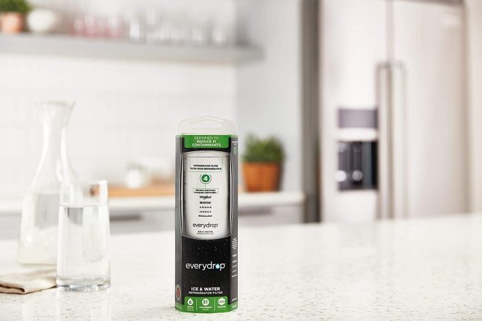 The Best Refrigerator Water Filter Option sitting on a kitchen counter
