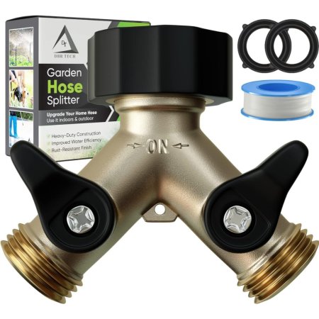  DBR Tech 2-Way Heavy-Duty Hose Splitter next to it box, 2 rubber gaskets and some plumber's tape